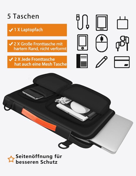 Laptop Tasche Premium 14 Zoll Stoßfest mit Trageriemen schwarz